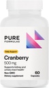 PureFormulas Cranberry 500 mg - Υποστηρίζει την υγεία των νεφρών και των ουροφόρων οδών - Συμπλήρωμα αντιοξειδωτικών για την προστασία του ανοσοποιητικού και της κυτταρικής υγείας - Χάπια Cranberry για γυναίκες και άνδρες - Μη ΓΤΟ - 60 κάψουλες