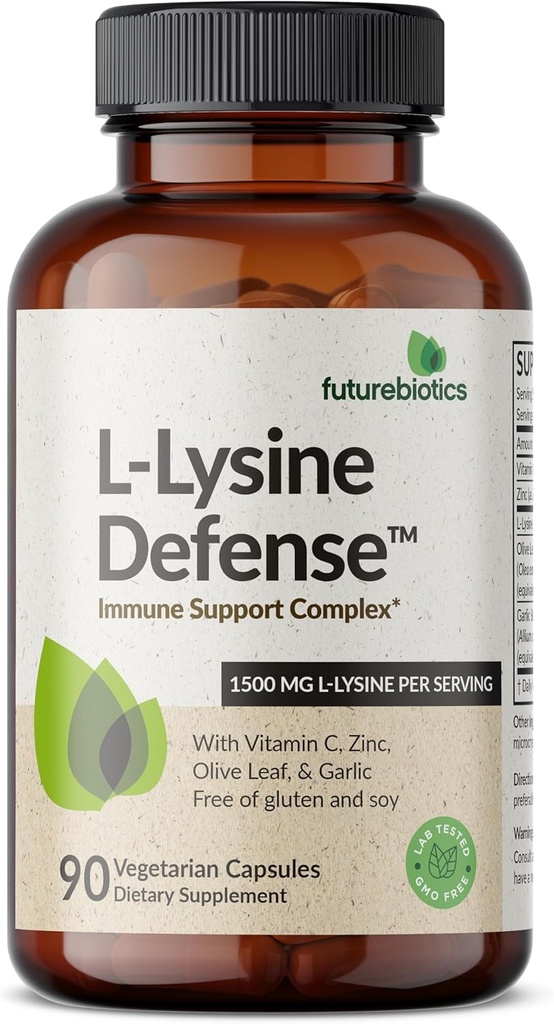 Futurebiyotiks L-Lysine Defense Immune Support Complex 1500 MG Per C, çinko, Olive Leaf & Garlic - Non-GMO, 90 Vegetarian Capsules