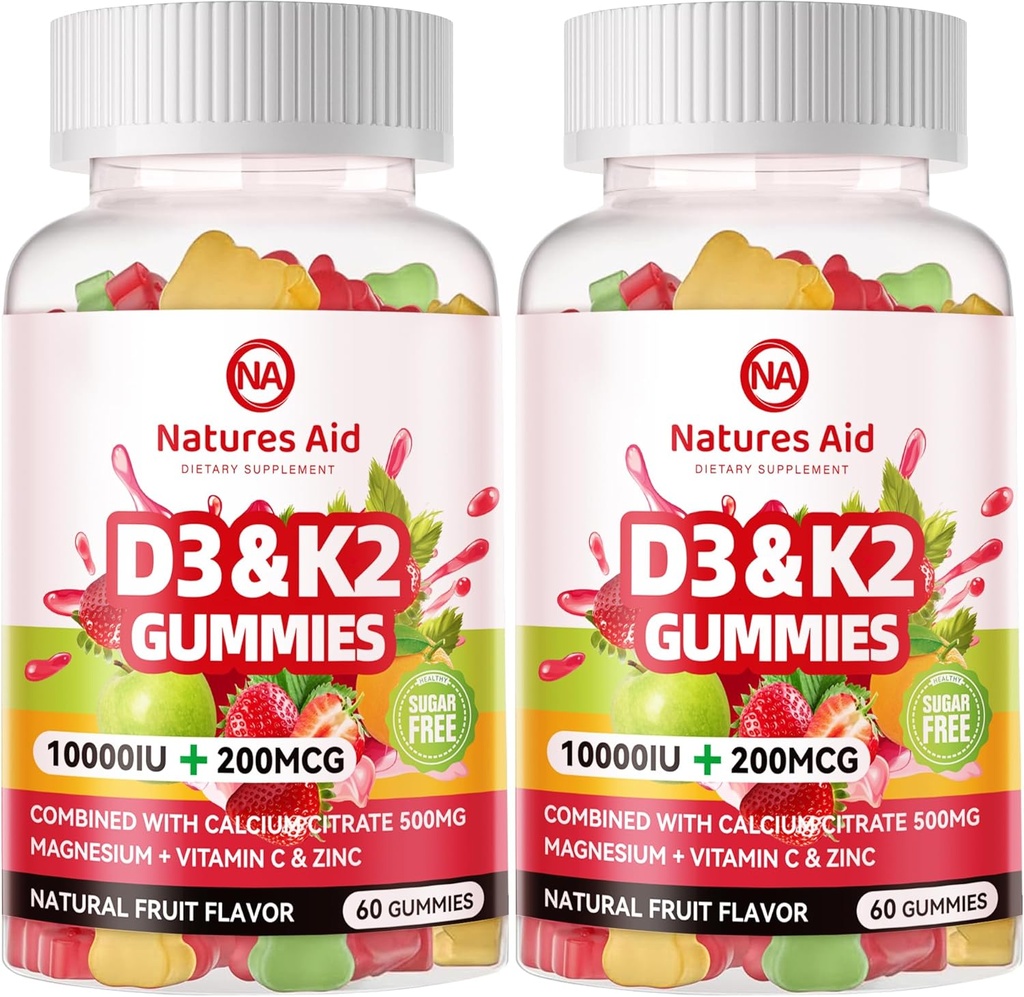Natures Aid Sugar-free Βιταμίνη D3 K2 Gummies με Ασβέστιο + K2 (MK-7), Μαγνήσιο Κιτρικό, Βιταμίνη C, Επιπλέον Δύναμη - Τελική Απορρόφηση για τα Οστικά Μυϊκά Δόντια Ανοσοποιητικό, Vegan - 120 Gummies