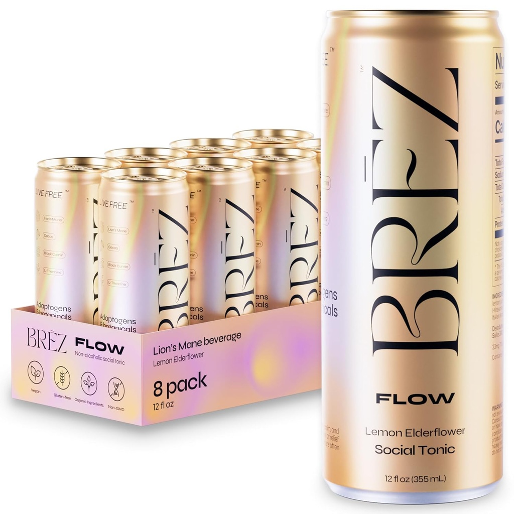 BREZ FLOW Lion's Mane Mushroom Drink, 8-Pack, Infüzyon, Adaptogens, Relieving, Uplifting, and Social, Sparkling Lemon Elderflower Tonic 12 Fl oz
