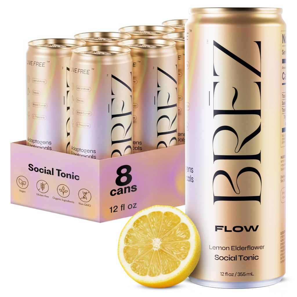 BREZ FLOW Lion's Mane Mushroom Drink, 8-Pack, Infüzyon, Adaptogens, Relieving, Uplifting, and Social, Sparkling Lemon Elderflower Tonic 12 Fl oz