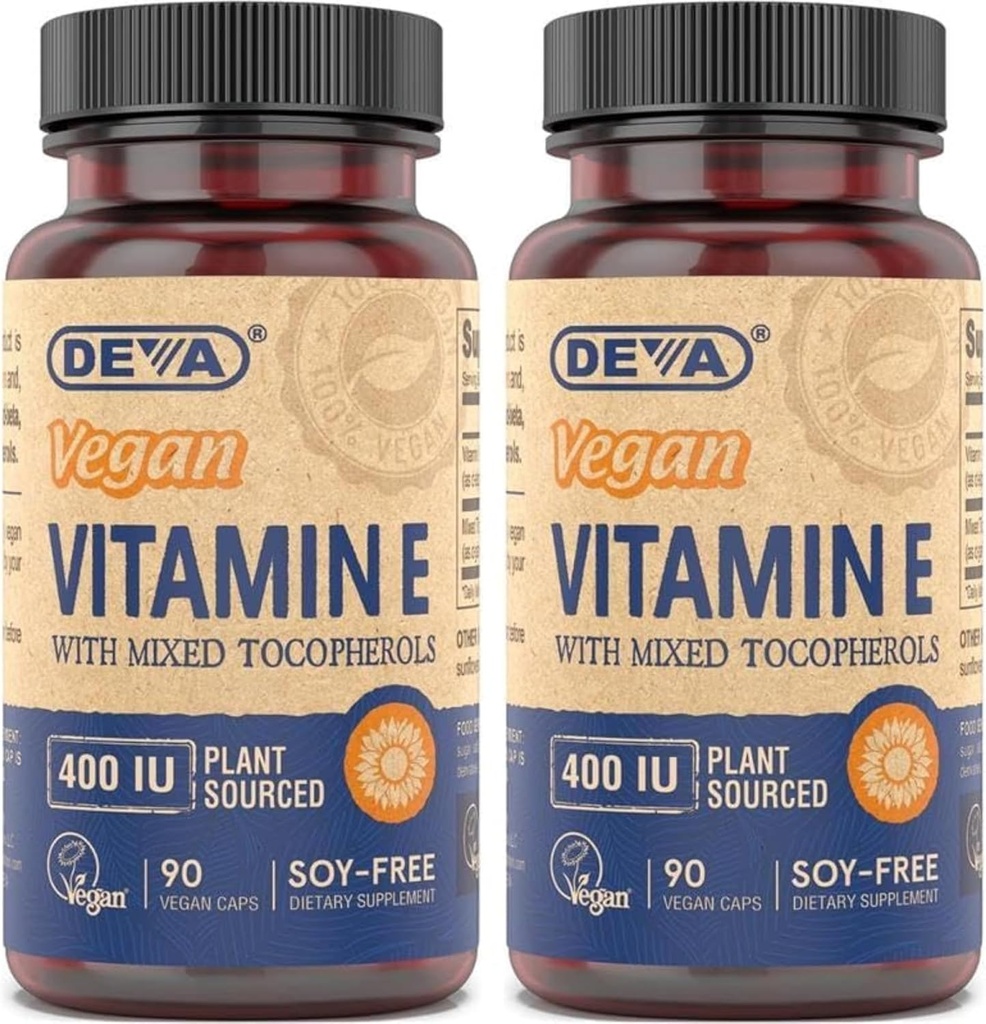 DEVA Vegan Doğal Kaynağı E 400IU, Karma tocopherols, Soy-Free – 90 Veg Caps (Pack of 2)