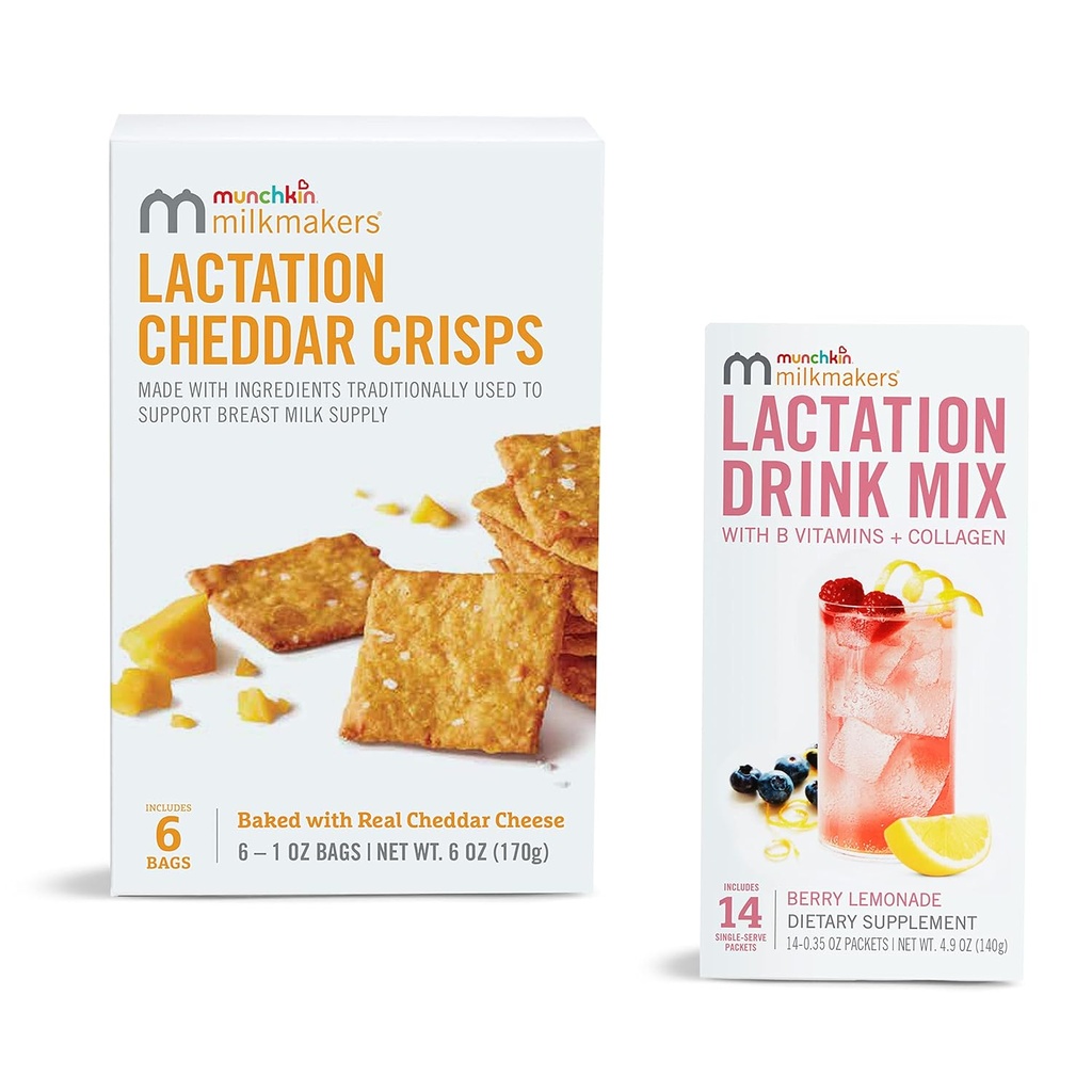 Munchkin® Milkmakers B Vitamin & Süt Butle, 14 Kont ve Lactation Cheddar Crisps for Emziring Moms with Oats and Flax, 6 Kont