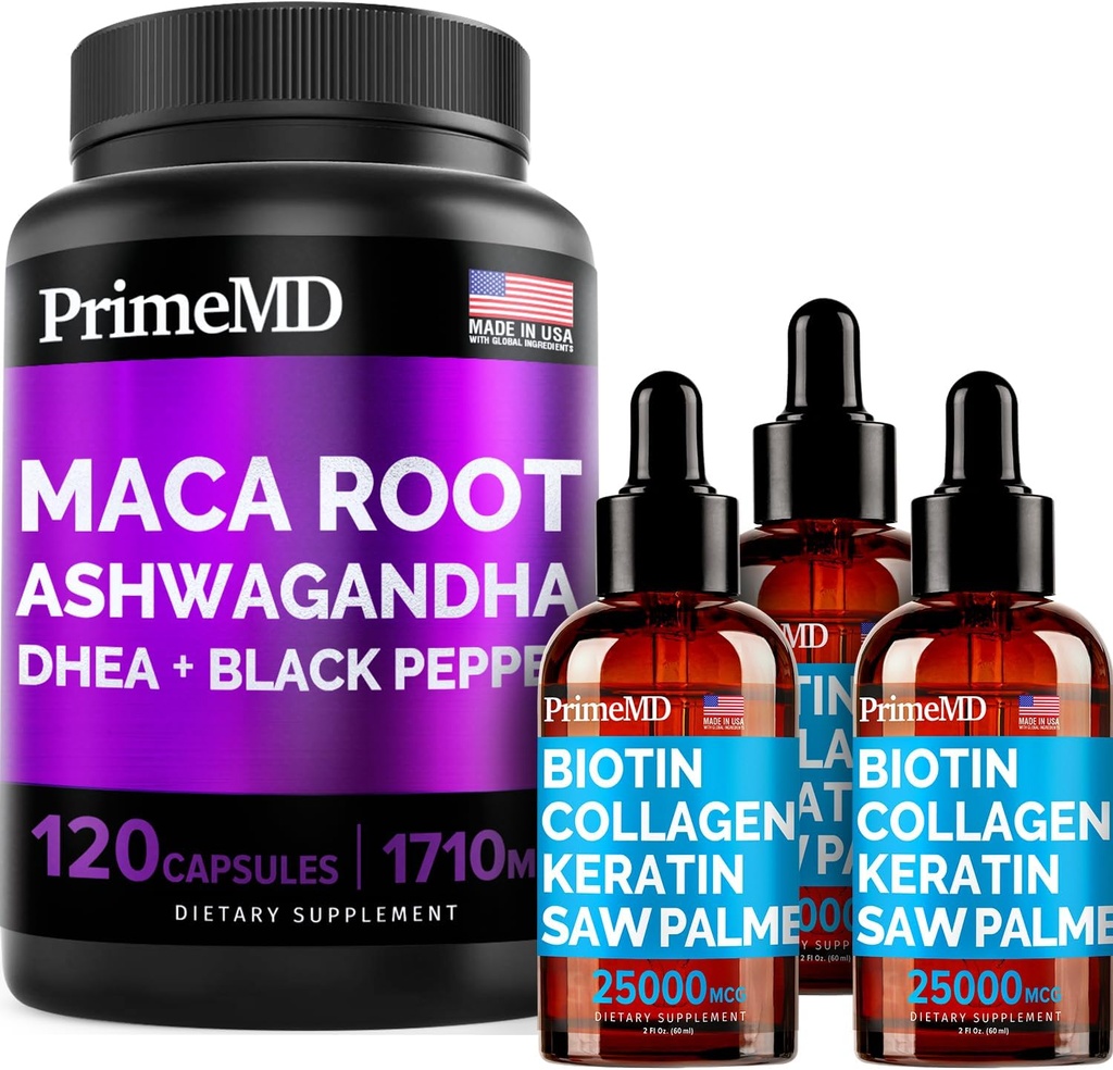 4-σε-1 Liquid Biotin Collagen Keratin Saw Palmetto Drops (2 fl oz - 3 Pack) & 6-σε-1 Maca Root Ashwagandha w Black Pepper Fruit (120ct) Bundle - Μαλλιά, δέρμα, νύχια, ενέργεια & Mood Supplement Υποστήριξη