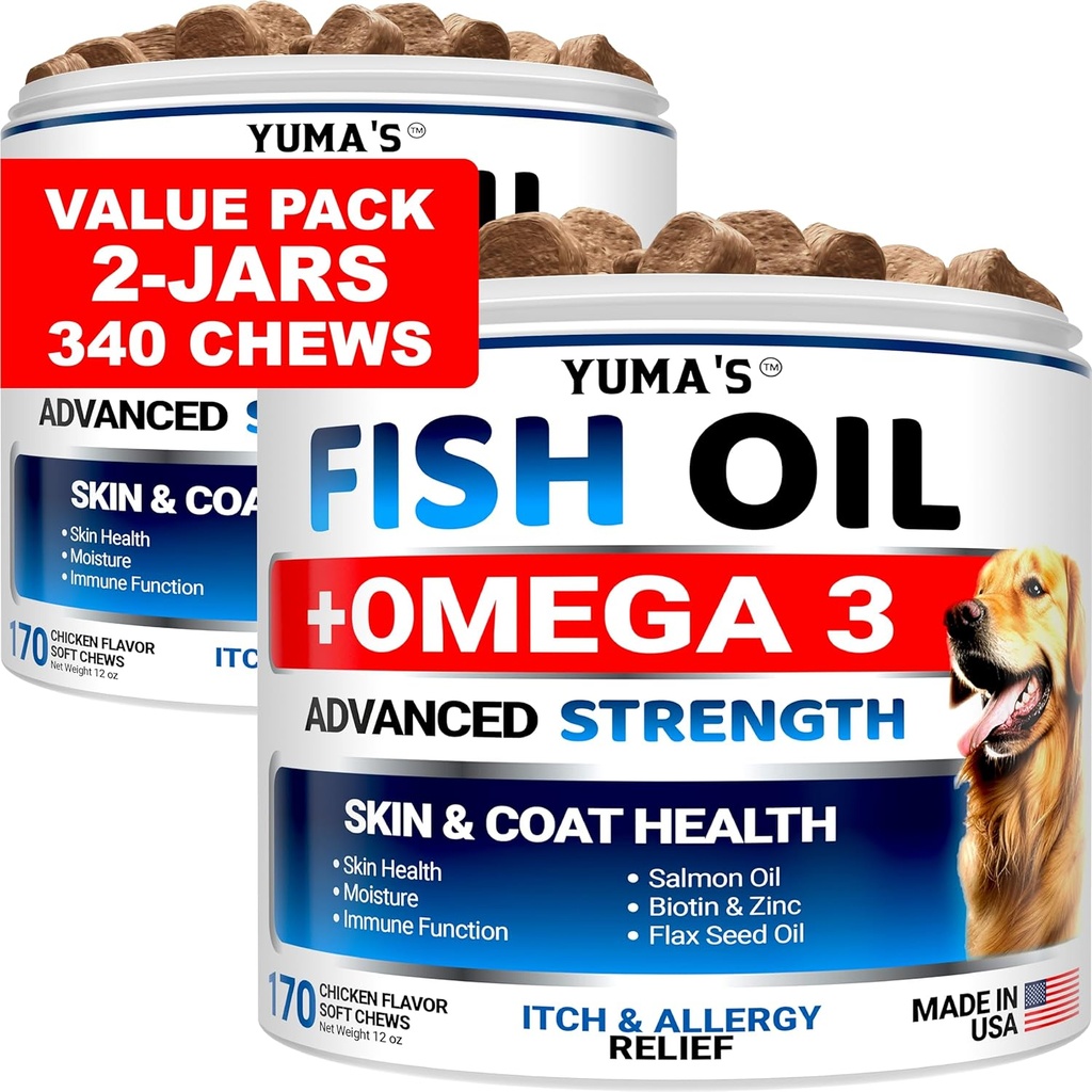 (2 Pack) Omega 3 Köpekler için Balık Yağı - 170 Chews - Skin ve Coat Supplement - Omega 3 Köpekler için - Kuru & Buchy Skin Yardım Tedavisi - Anti Shedding Tedavileri - Salmon - Tavuk Flavor