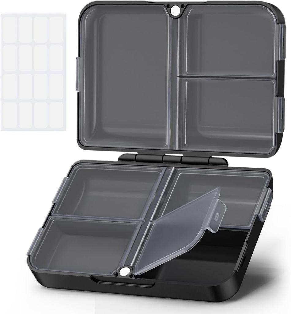 AUVON Daily Pill Organizer Fit with Your Purse or Pocket, Compact Travel Pill Box Case with Slimxing Design and Long-Lasting Hinges to Hold Vitamin, Fish Oil, Supplement or Jewel (Black)