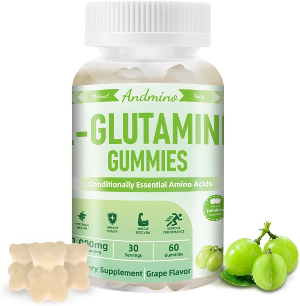 L-Glutamine Gummies 1000 mg, Trehalose, L Glutamine Supplement Support Intestinal, Boost Immune & Muscle Health, for Yetişkinler & Kids, Non-GMO, Vegan, Gluten Free, Grape Flavor, 60