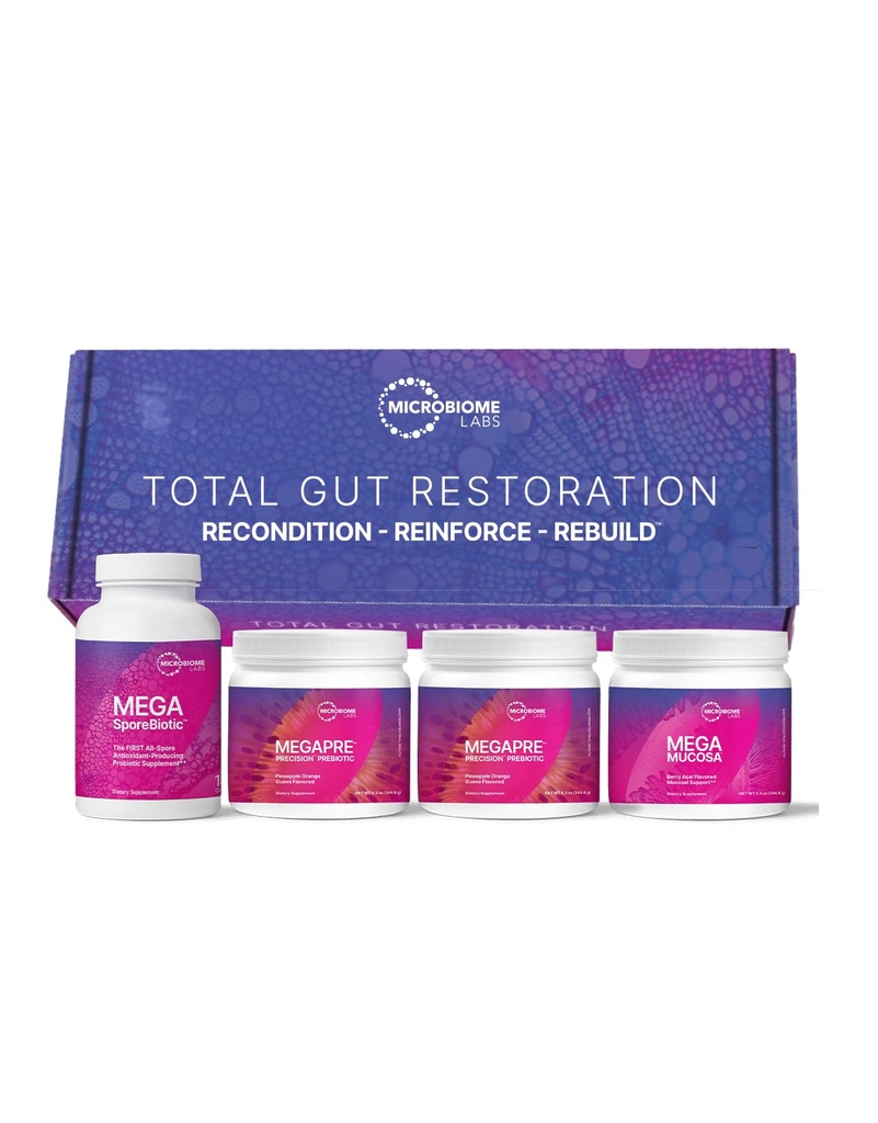 Microbiome Labs Total Gut Restoration Kit (Powder) - 3- Product Gut Health Spore Based Probiotic, Prebiotic Powder & Mucosal Inmunoglobulin + Amino Acids Supplement for Immune, GI & Digestive Health