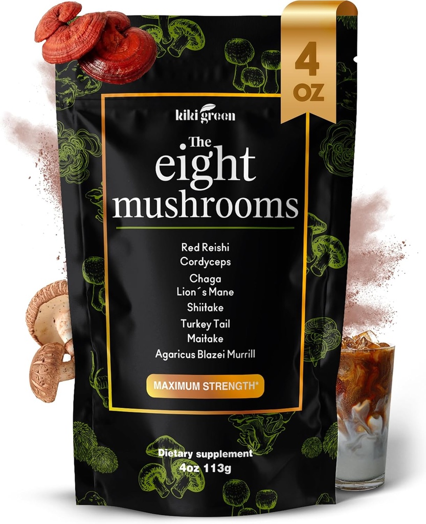 KIKI Green 8 Mushrooms Toz Ekstraksiyon - Kahve ve Smoothies için 4 oz Adaptojenik Kompleksi - Lion's Mane, Chaga, Reishi, Cordyceps, Maitake, Shiitake - Focus and Energy