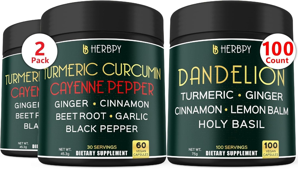 Sche 7in1 Turmeric Curcumin & 6in1 Dandelion Supplement - Support Heart, Digestion Health and Immune System