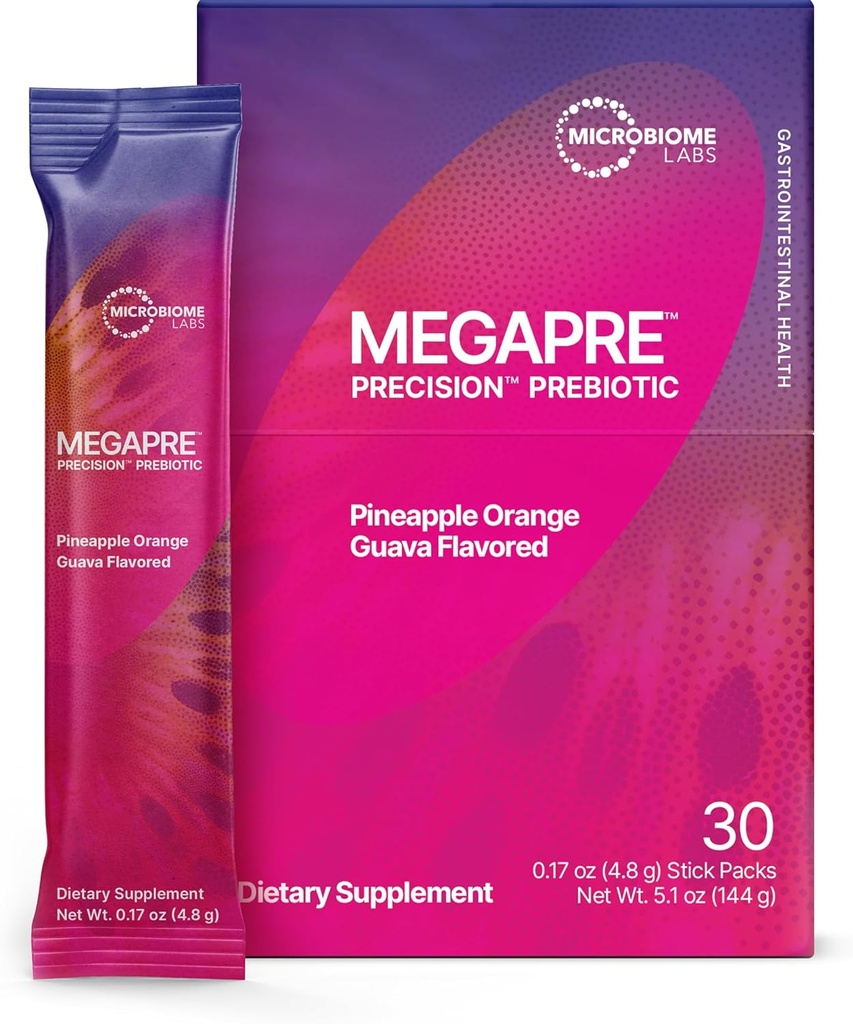 Microbiome Labs MegaPre Prebiotic Fiber Powder for Women, Men & Kids - Pre-Dosed Prebiotic Fiber Supplement Powder with Clinically Tested Oligosaccharides - Pineapple Orange Guava (30 Drink Packets)