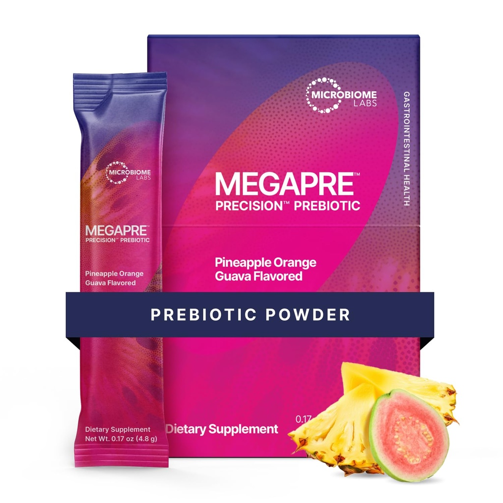 Microbiome Labs MegaPrebiyotik Fiber Toz Kadınlar için, Erkekler ve Çocuklar - Pre-Dosed Prebiyotik Fiber Supplement Toz Klinik Olarak Test Edilmiş Oligosaccharides - Pinele Orange Guava (30 İç Paketler)