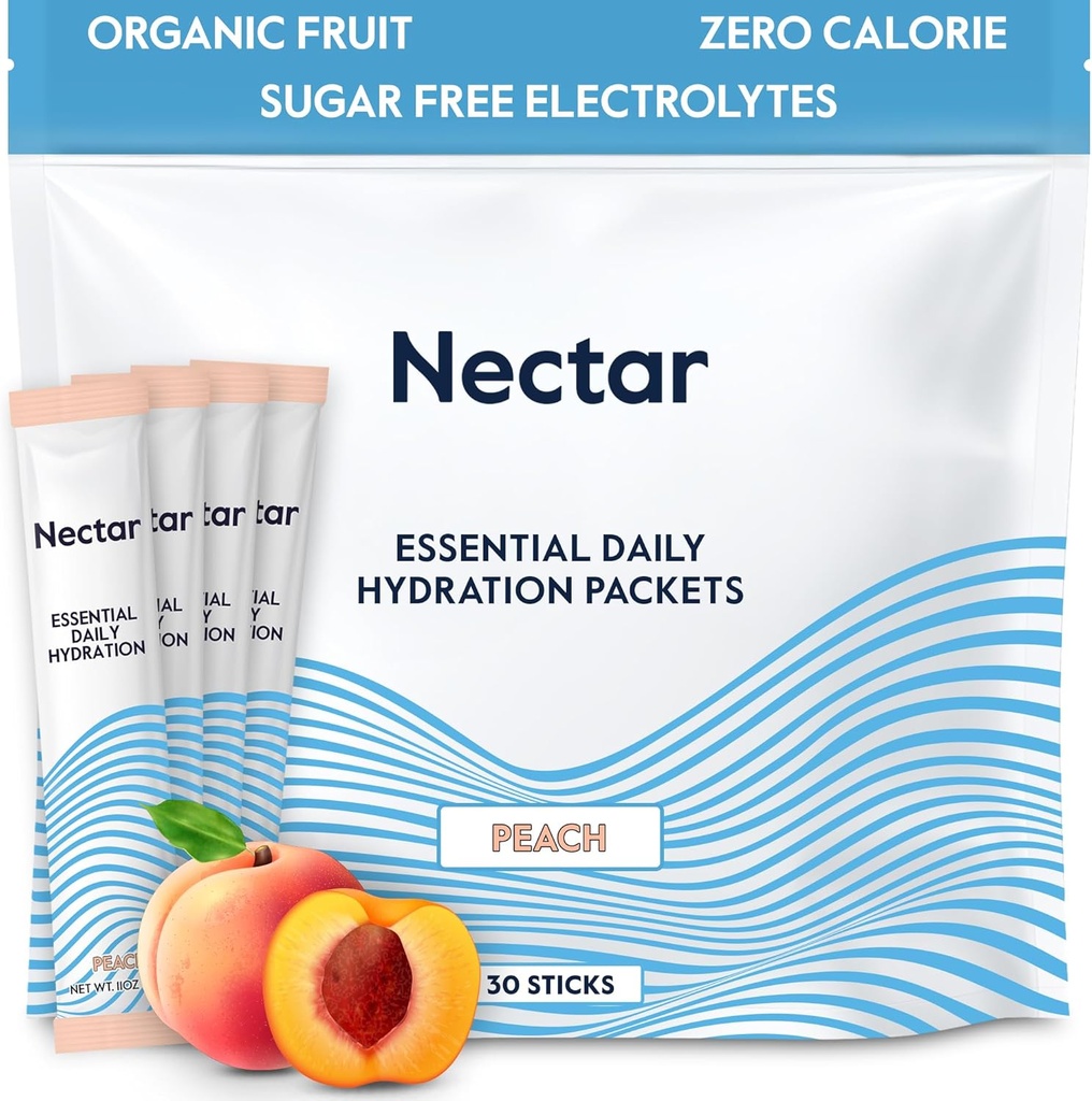 Πακέτα Ενυδάτωσης Nectar - Ηλεκτρολυτές Powder Packets - Χωρίς ζάχαρη & 0 θερμίδες - Βιολογικά Υγρά Φρούτων Καθημερινά IV Ηλεκτρολυτές Σκόνη για Αφυδάτωση Ανακούφιση & Ταχεία ενυδάτωση (Peach 30 Pack)