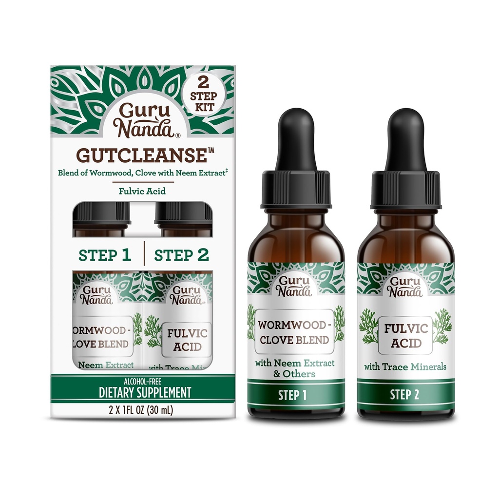 GuruNanda Guttese 2Adım Kit - Diyetsel Supplement to Help with Digestion - Fulvic Acid, Wormwood, Clove & Neem Extract, 2x1 FlOz