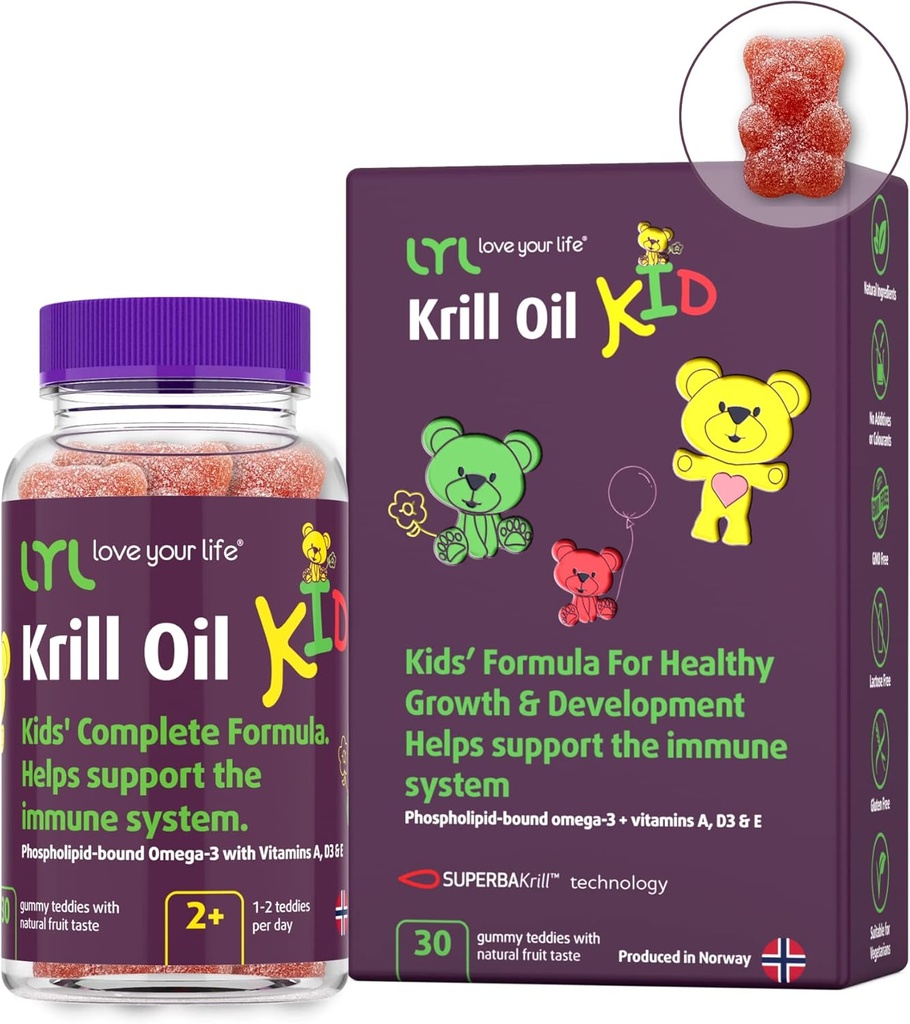 LYL Krill Oil Kid Gummy Bears with Vitamin D 3, Vitamin E ve Vitamin A - phospholipid-Bound Omega 3 for Health growth & Development - Gummy Bears with Orange, Apple & Raspberries Taste (Pack of 30)