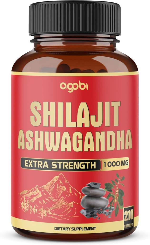 agobi 210 Capsules - 400 mg Organik Ashwagandha Root ile 600 mg Shilajit Supplement - Shilajit Pure Himalaya Organik Enerji Üretimi için, Immune System Brain Health, Focus & Concentration