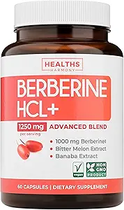 Berberine Supplement (Non-GMO & Vegetarian) Berberine HCL Plus Bitter Melon & Banaba Leaf Capsules - Berberine 500 mg Her, 1000 mg Per Serve - AMPK Metabolic Activator - 60 Caps (No Pills)