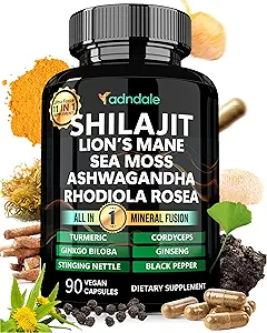 Adndale Shilajit Supplement. Pure Himalaya Organik Shilajit for Men and Women Capsules with Sea Moss Ashwagandha Rhodiola Rosea Lion's Mane. 90 Count