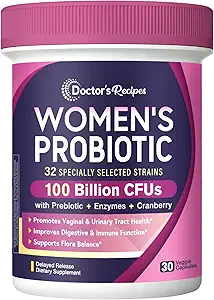 Doktor'un Kadınları için Probiyotikleri, 100 Milyar CFU 32 Strains, Prebiyotik Fiber, Enzymes & Cranberry, Vaginal Urinary Digestive & Immune, No Yeast, Raf Stable, Geciklet, 30 Caps