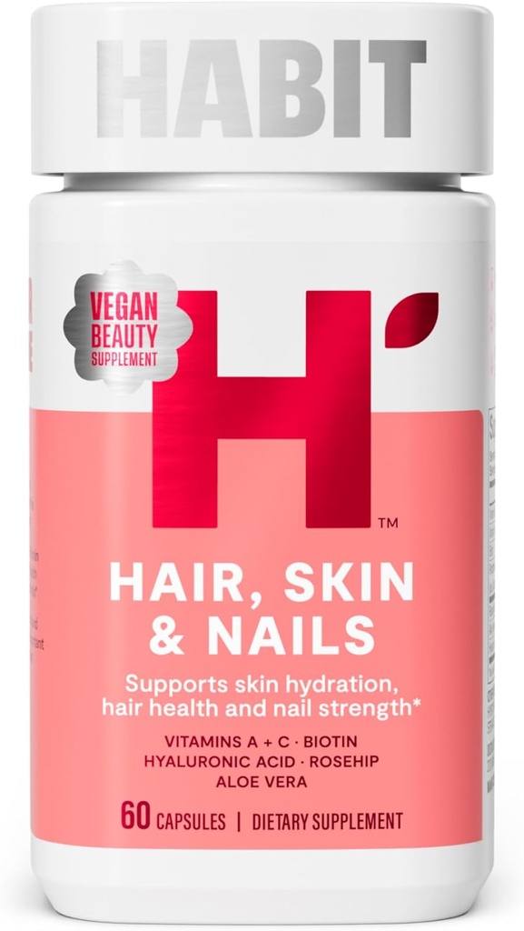 Hair, Skin & Nails Supplement (60 κάψουλες) - Νέα εμφάνιση, υποστηρίζει την ενυδάτωση του δέρματος, Hair & Nail Strength, Biotin 2000mcg, Βιταμίνη Α & C, Υαλουρονικό οξύ, Rosehip, Vegan, Non-GMO (1 Pack)