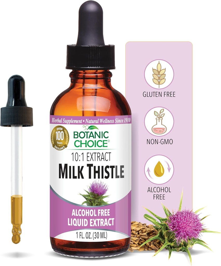 Botanic Choice Milk Thittle Liquid Extract, Χωρίς αλκοόλ, Χωρίς γλουτένη, Γρήγορη Δράση Παραδοσιακό Ήπαρ Αγαπημένο, 1 fl. oz