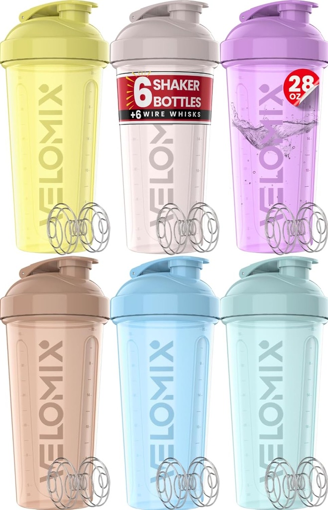 VELOMIX -6 PACK- 28 oz protein Mixer Şişe - 6 Wirex Whisk | Protein Shakes | Protein Shaker Şişe Paketi | Protein Shake Cup (Pastel Power Series)