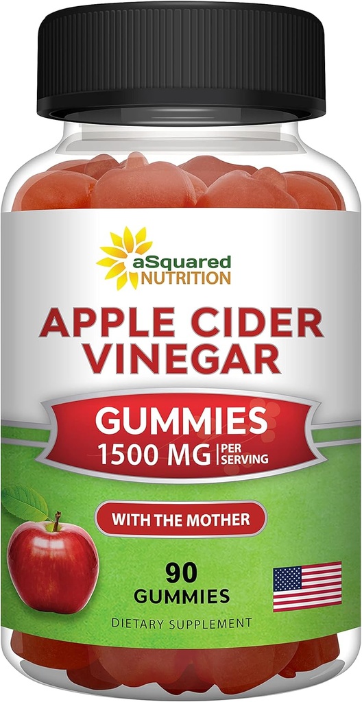 ASquared Beslenme Apple Cider Vinegar Gummies - Anne ile 1500 mg - 90 ACV Gummies w/Vitamin B6 & B12, Folic Acid - Vegan Gummy Supplement Alternative to Capsules Pills & Drink