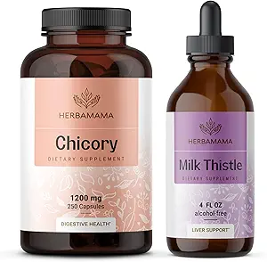 HERBAMAMA Chicory and Milk Thittle Kit - Bundle των 1200 mg Chicory Root Capsules & Milk Thittle Tigture 4 fl oz - Vegan, Μη ΓΤΟ, Ζάχαρη & Χωρίς Αλκοόλ - 2 Pack