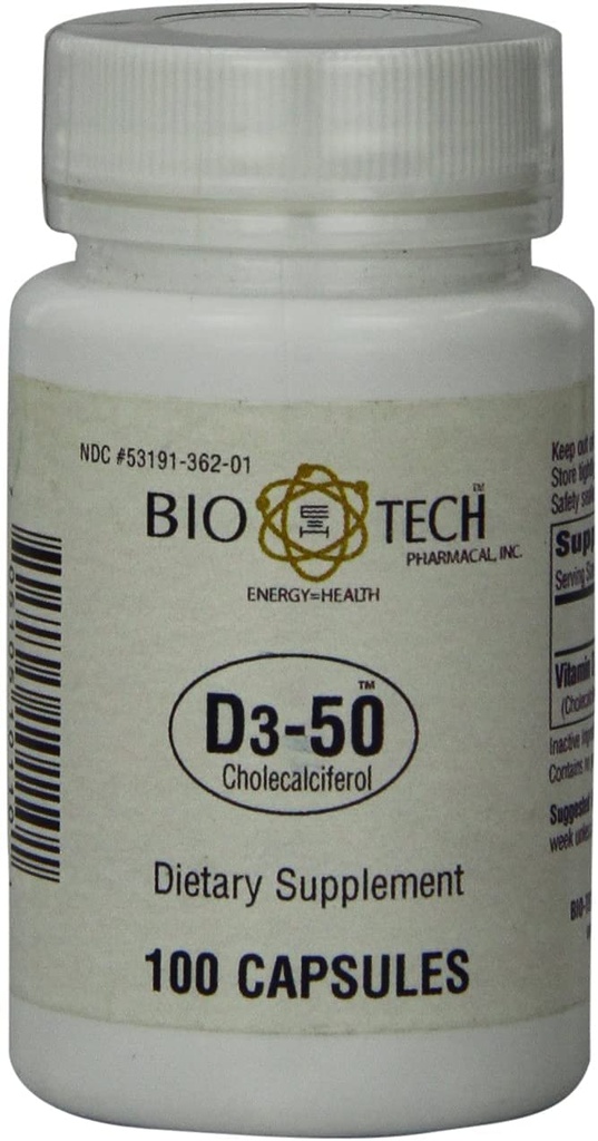 Bio-Tech Pharmacal D3-50 50.000 IU, 100 Capsules , All-Doğal Supplement , Supports Bone, Heart Neuromuscular, & Immune Health  Pea No Dairy, Fish, Gluten, Peanut, Shellfish, & Soygun
