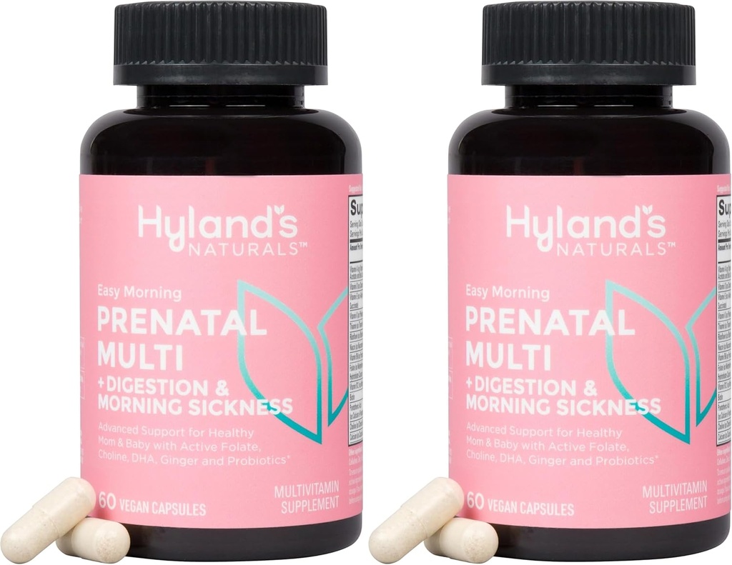 Hyland'ın Easy Morning Prenatal Multivitamin ve Digestive Health and Morning Hastaness Relief, 60 Vegan Capsules, Folate, Choline, çinko, Ginger Root, Prebiyotiks and Algae DHA (Pack of 2)