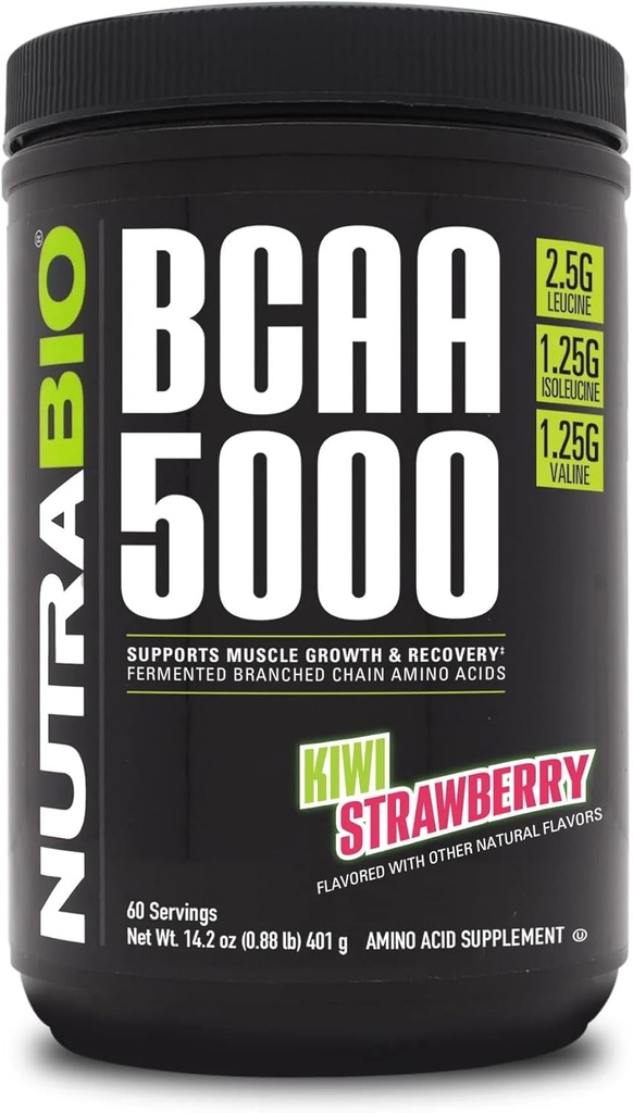 NutraBio BCAA 5000 Toz - Vegan BCAA'lar - Destekler Lean Kas Büyüme, Kurtarma, Endurance - 60 Hizmet - Kiwi Strawberry