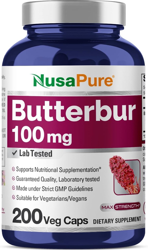 NusaPure Butterbur 100 mg per caps 200 Veggie Capsules (Non-GMO, Vegetarian, Vegan)