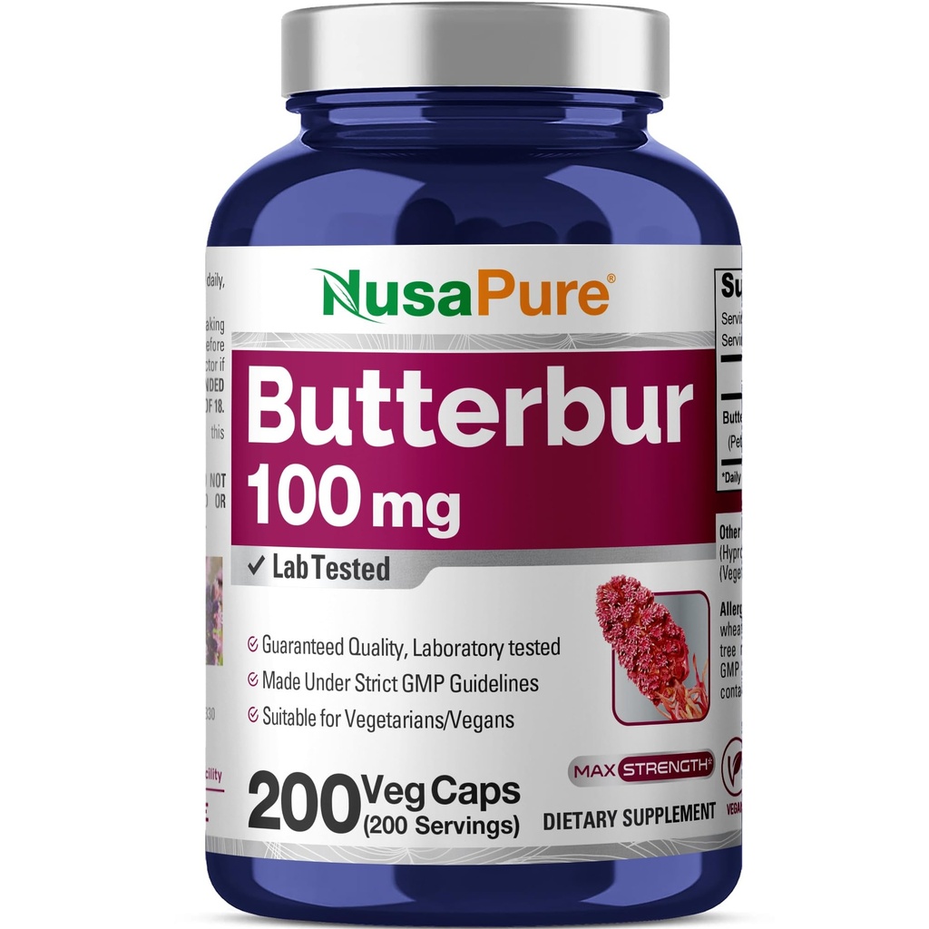 NusaPure Butterbur 100 mg per caps 200 Veggie Capsules (Non-GMO, Vegetarian, Vegan)