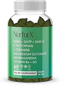 GABA + 5-HTP + SAM-e, L-Tryptophan, L-Θεανίνη, Ashwagandha Gummies, All-in-One Φυσικό συμπλήρωμα, Κατασκευασμένο στις ΗΠΑ, Vegan, 60 Gummies