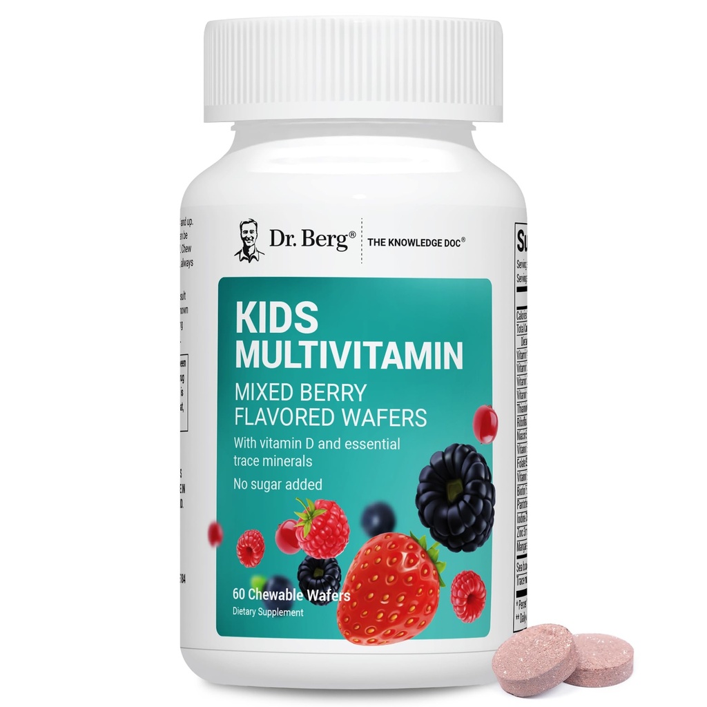 Dr. Berg Kids Chewable Multivitamins (NOT Sweated w/Sugar) - Καθημερινή πολυβιταμίνη για τα παιδιά που περιλαμβάνει 20 θρεπτικά συστατικά & Trace Mineral Complex - Μικτή Berry Chewable Vitamins for Kid - Red Wafers