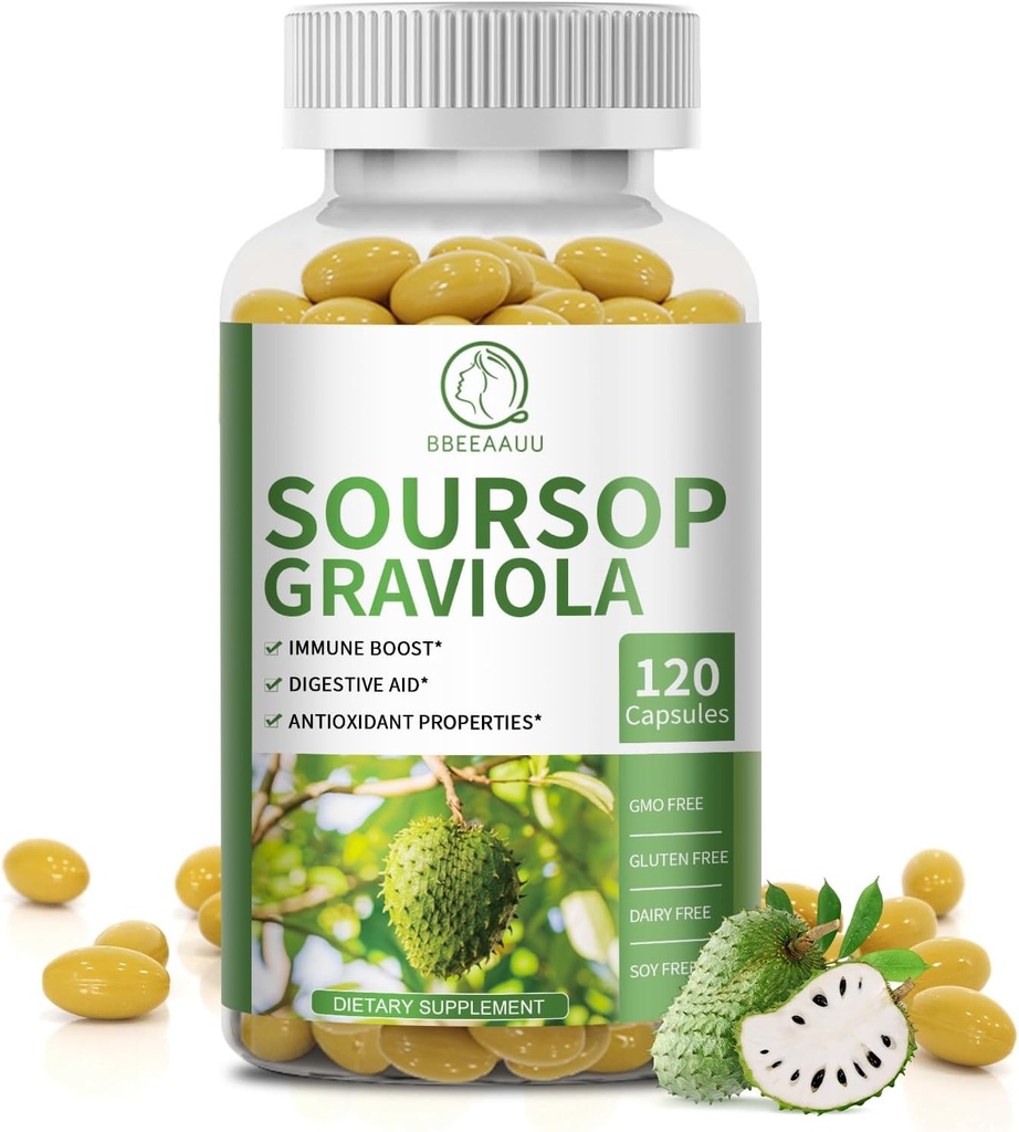 Soursop Graviola Capsules with Kelp, for Cell Rejenerasyon, Discovers Immunity, Digestive Support, Antioksi Properties, Gluten Free, Non GMO, Vegan, 120 Counts