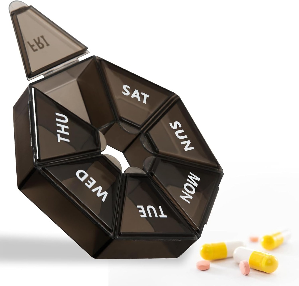 7Day Weekly Large Pill Organizer - Pill Box Case for Travel - Fish Oil, Supplements, Vitaminler, Tıp Sahibi (Black)