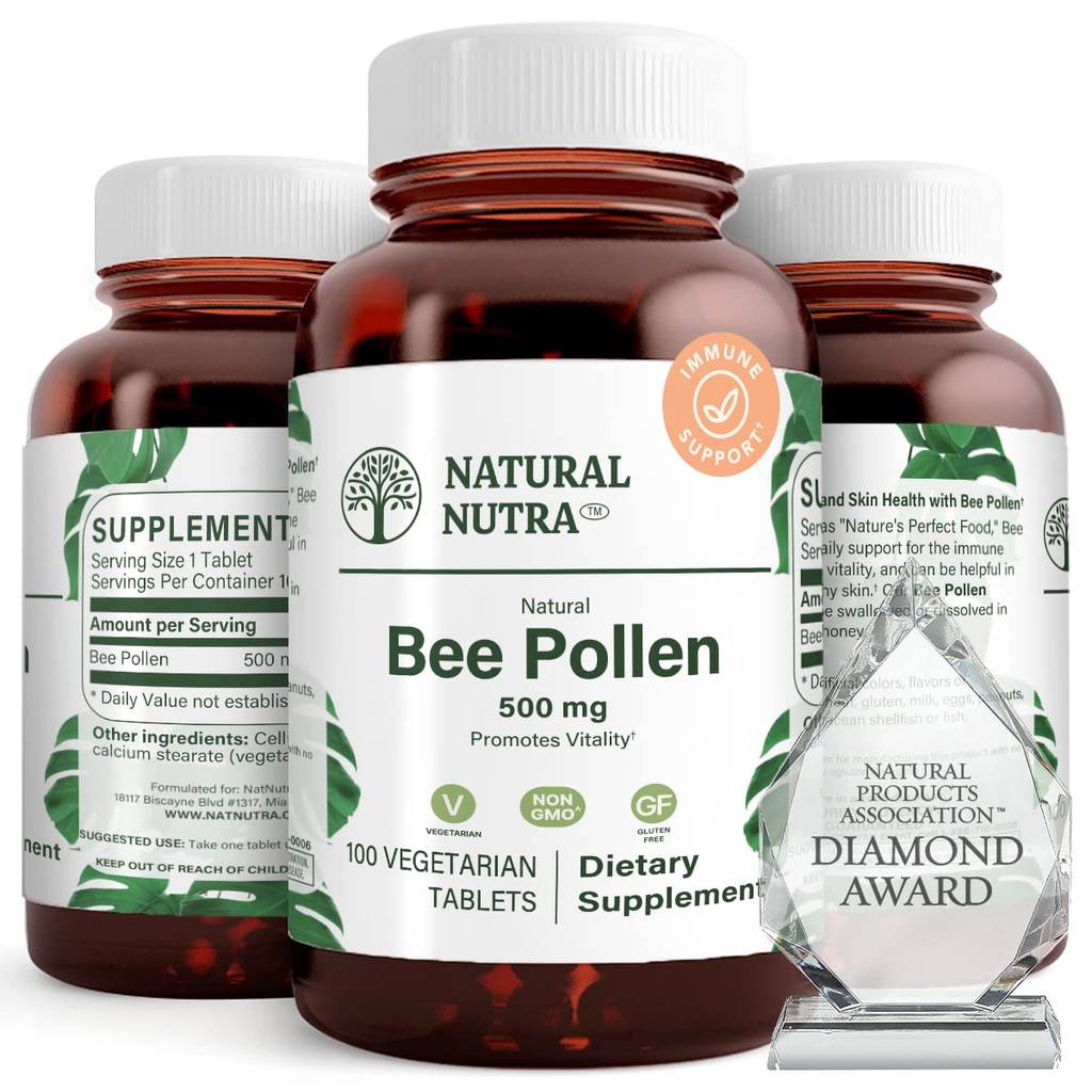 Natural Nutra Bee Pollen 500 mg, βοηθά στην προώθηση της ζωτικότητας και του ανοσοποιητικού συστήματος, βελτιώνει τη συνολική υγεία, βοηθά στη βελτίωση του σώματος Stamina, 100 δισκία