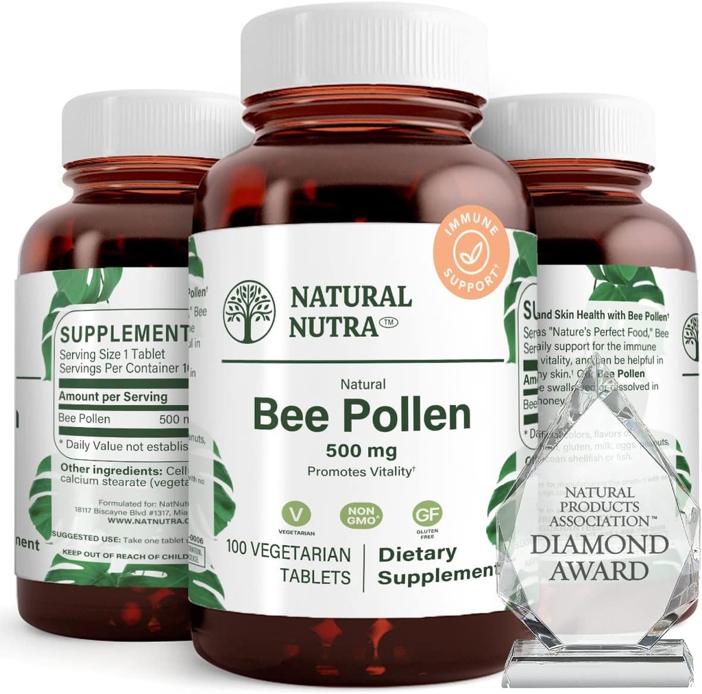 Natural Nutra Bee Pollen 500 mg, Vitality ve Immune System, Genel Sağlık Geliştir, Vücut Stamina'yı iyileştirmeye yardımcı olur, 100 Tablet