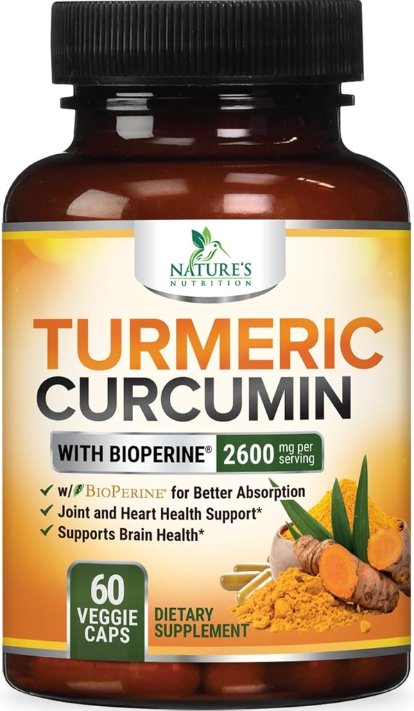 Turmeric Curcumin Supplement 2600mg - 95% Κουρκουμινοειδή με Βιολογική Turmeric & BioPerine Black Pepper Extract για την καλύτερη απορρόφηση, Natural Vegan κοινή υποστήριξη, μη-GMO, Εμφιαλωμένο στις ΗΠΑ - 60 κάψουλες