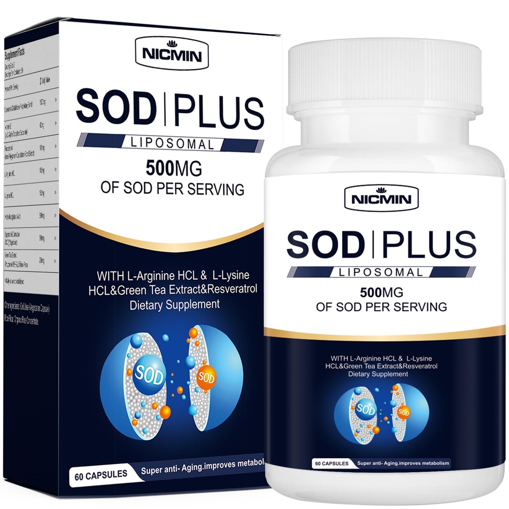 Superoksit Dismutase Supplement 500 mg - SOD Ayrıca Liposomal glutathione, AKG, Green Tea Extract, L-Arginine, Lysine, Resveratrol ve Vitamin E Immune Support, Antioksi 60 Capsules