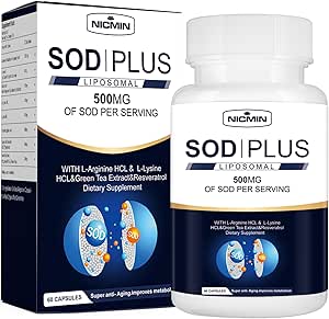 Superoxide Dismutase Συμπλήρωμα 500mg - SOD Συν με λιποσωμική γλουταθειόνη, AKG, εκχύλισμα πράσινου τσαγιού, L-αργινίνη, λυσίνη, ρεσβερατρόλη και βιταμίνη Ε για ανοσοποιητική υποστήριξη, Αντιοξειδωτικό 60 κάψουλες