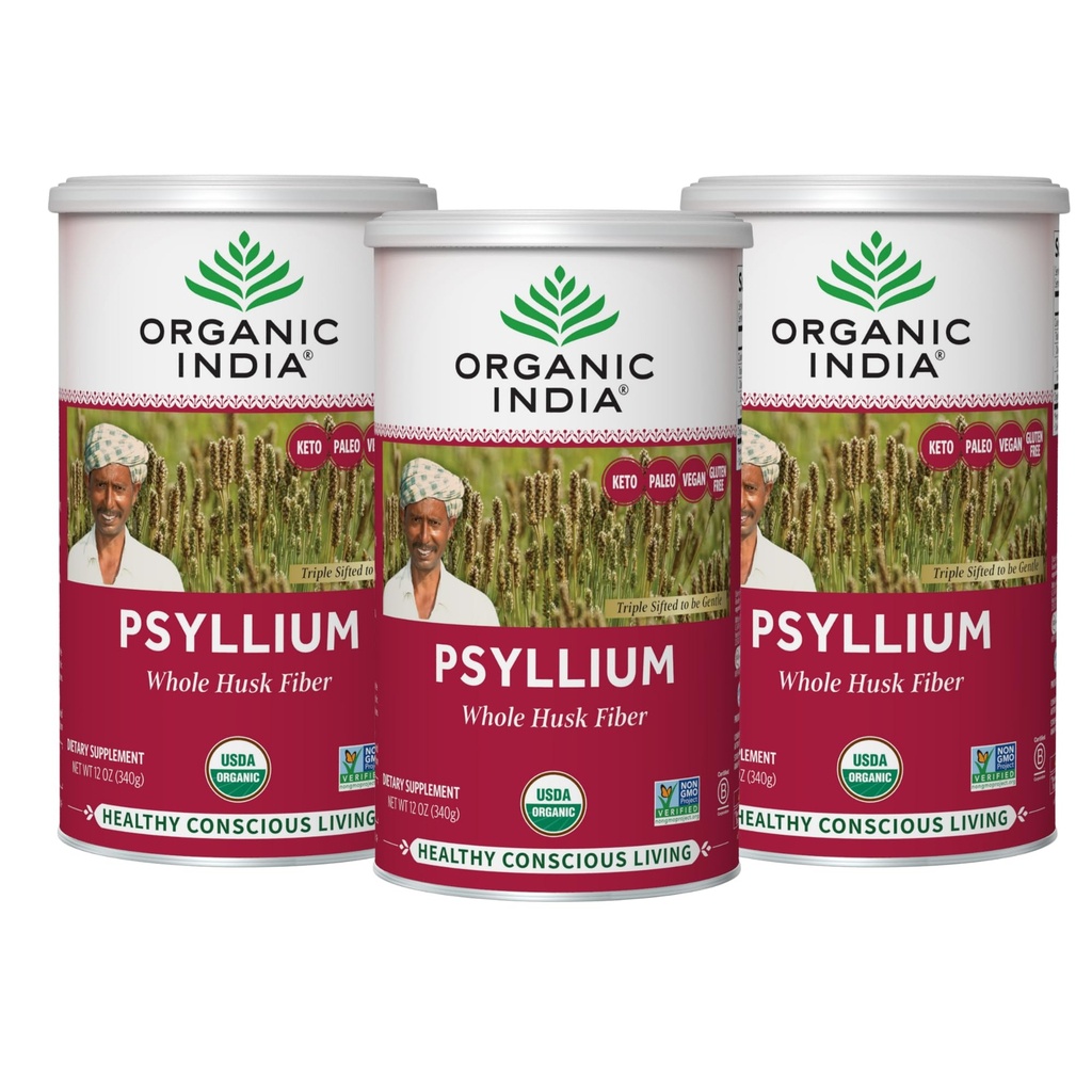 ORGANIC INDIA Φυτική σκόνη Psyllium - ολόκληρο συμπλήρωμα ινών Husk, υποστήριξη πέψης, Vegan, Gluten-free, USDA Certified Organic, Non-GMO, Soluble & αδιάλυτη πηγή ινών - 12 oz (Pack of 3)