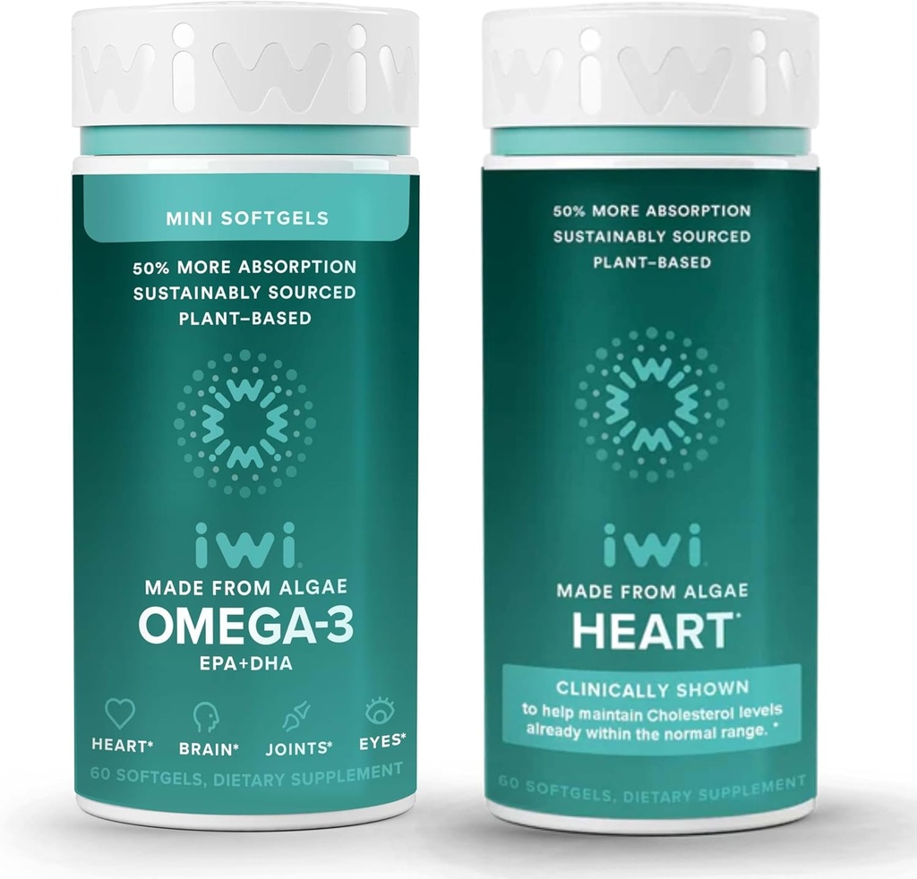 Iwi Omega-3 Minis & Heart Omega-3 Sche, 30 Hizmet, Vegan Plant-Based Algae Omega 3, Krill & Fish Oil Alternative, No Fishy Aftertaste
