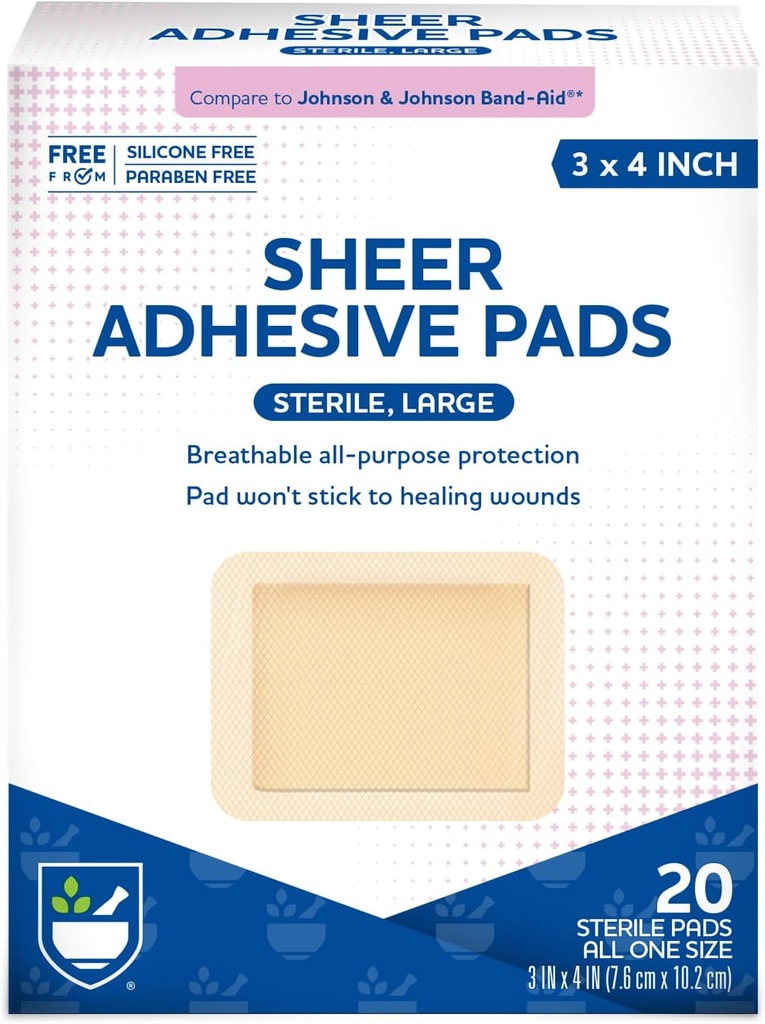 Rite Aid Sheer Adhesive Bandages with Sterile Non Stick Pad, 3" x 4" - 20 Count | Wound Care/First Aid Supplies | Bandage Wrap | Medical Tape for Skin Bandages