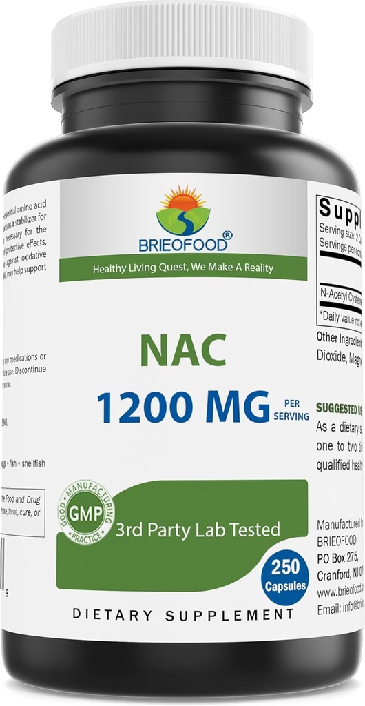 Brieofood NAC Supplement N-Acetyl Cysteine 250 Capsules - Immune Support Supplement