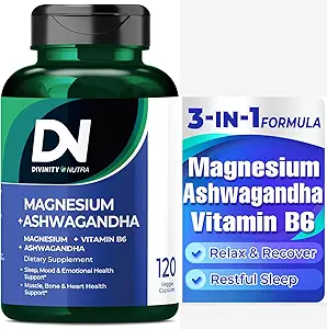 Divinity Nutra Magnesium Ashwagandha συμπλήρωμα, Καταπραϋντικό Μαγνήσιο Γλυκινικό & Κακή Βιταμίνη Β6 για τους μυς Υγεία των οστών Υποστήριξη για την αποκατάσταση των μυών, ηρεμία & χαλάρωση 468mg 120 ct (2 Μήνες Προσφορά)