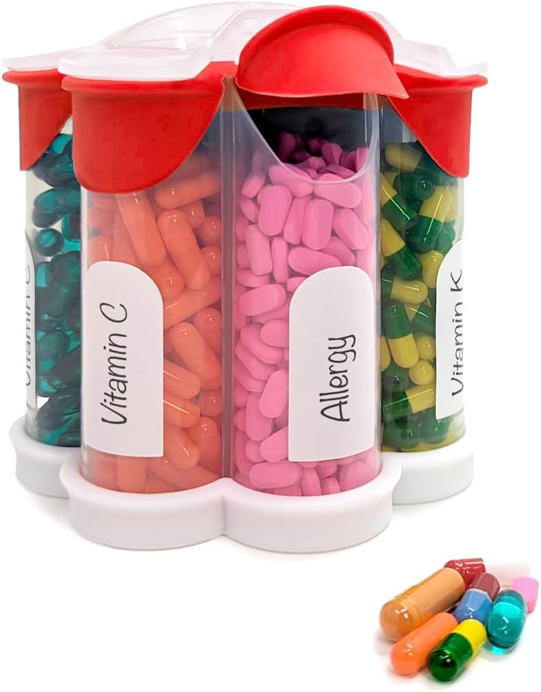 Ekstra Büyük Pill Organizer Daily, Weekly, Monthly Supplement Şişe, Sevimli Çiçeği 7 XL Karşılaştırma, Vitaminler için Kolay Açık Pill Box, İlaçlar, Dahiller (Red)