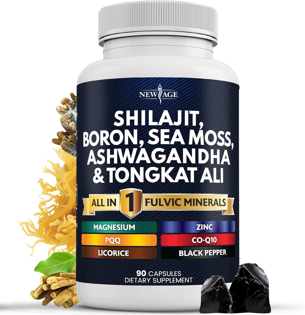 NEW AGE Shilajit Supplement with Sea Moss, Ashwagandha, Tongkat Ali, Boron, Magnezyum - Fulvic Acid Capsules for Men - 90 Count