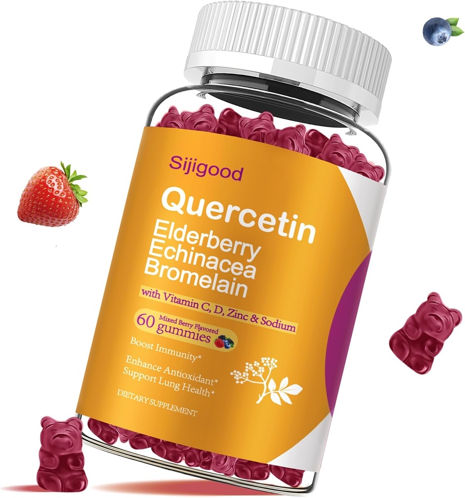 Quercetin Gummies with Bromelain, Elderberry, Echinacea, C D çinko - Immune System Support 60 Counts Pure Quercetin Gummies for Kids & Yetişkinler
